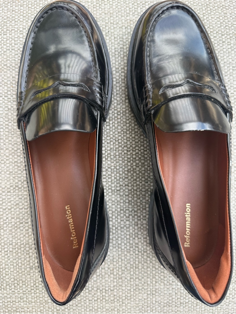 Reformation Black Leather Penny Loafers with Brown Insole